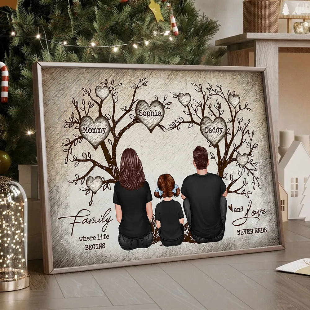 Family Heart Tree Sitting Personalized Poster, Home Decoration, Gift For Family