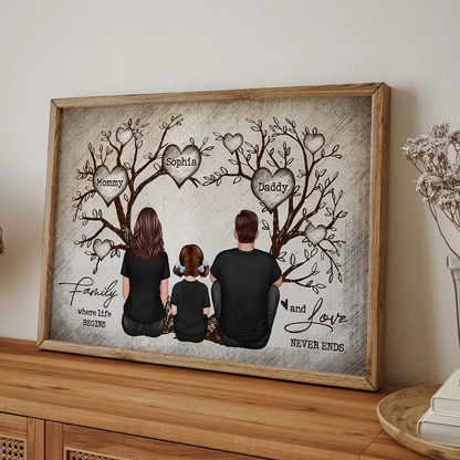 Family Heart Tree Sitting Personalized Poster, Home Decoration, Gift For Family