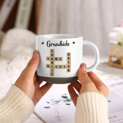 Grandkids Crossword Puzzle Art Personalized Pottery Mug, Christmas Gift For Grandma, Gift For Mom