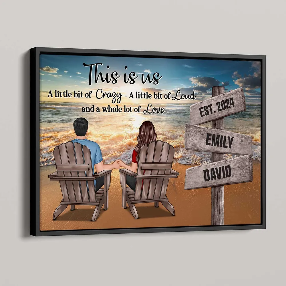 Romantic Beach Landscape Couple Sitting Holding Hands Sign Posts Personalized Poster, Home Decoration, Gift For Him, For Her