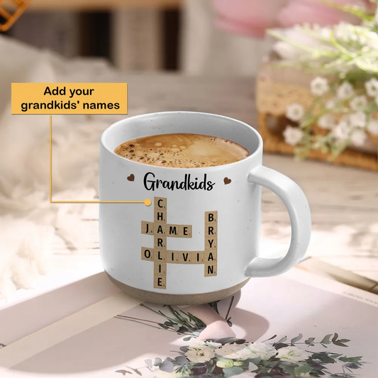 Grandkids Crossword Puzzle Art Personalized Pottery Mug, Christmas Gift For Grandma, Gift For Mom