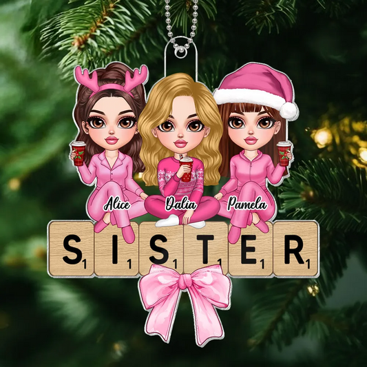 Coquette Besties Sisters Puzzle Art Personalized Acrylic Ornament, Christmas Gift For Besties Sisters Friends