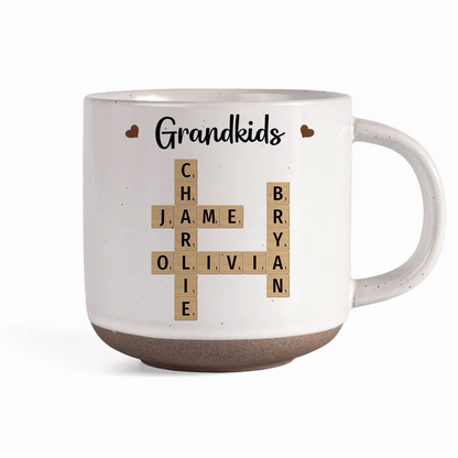 Grandkids Crossword Puzzle Art Personalized Pottery Mug, Christmas Gift For Grandma, Gift For Mom