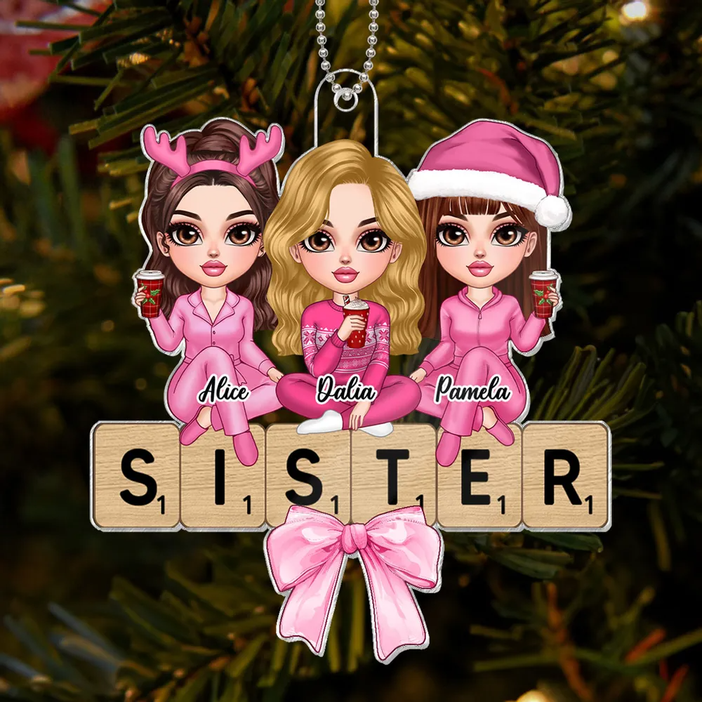 Coquette Besties Sisters Puzzle Art Personalized Acrylic Ornament, Christmas Gift For Besties Sisters Friends