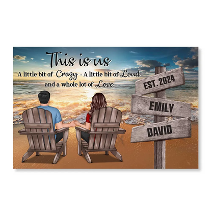 Romantic Beach Landscape Couple Sitting Holding Hands Sign Posts Personalized Poster, Home Decoration, Gift For Him, For Her