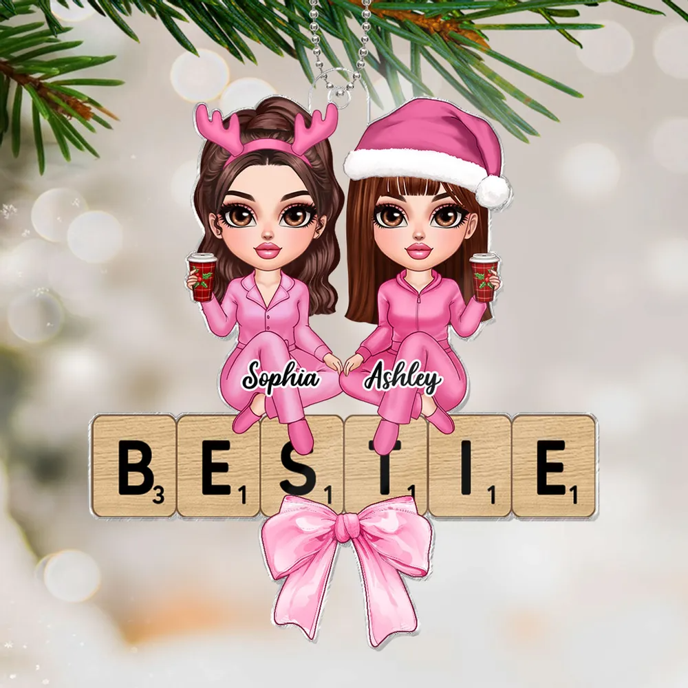 Coquette Besties Sisters Puzzle Art Personalized Acrylic Ornament, Christmas Gift For Besties Sisters Friends