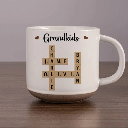 Grandkids Crossword Puzzle Art Personalized Pottery Mug, Christmas Gift For Grandma, Gift For Mom