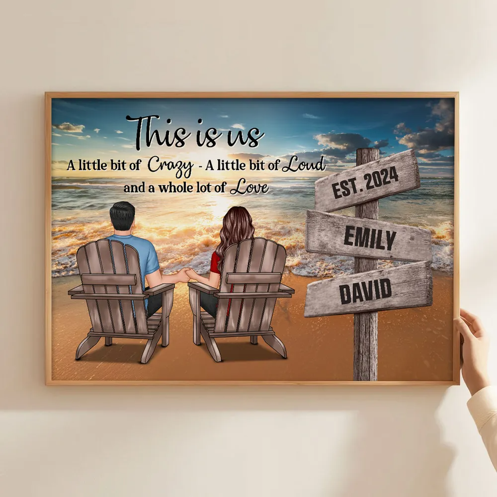 Romantic Beach Landscape Couple Sitting Holding Hands Sign Posts Personalized Poster, Home Decoration, Gift For Him, For Her