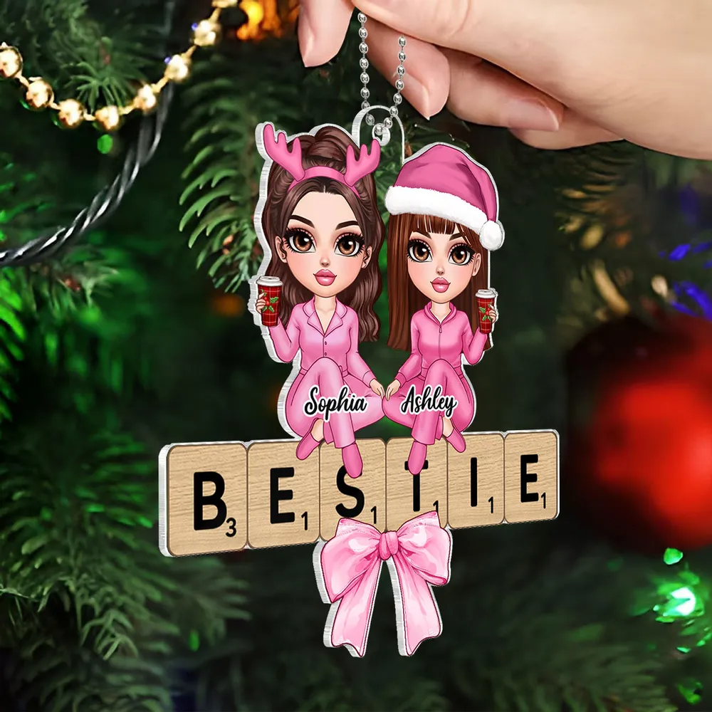 Coquette Besties Sisters Puzzle Art Personalized Acrylic Ornament, Christmas Gift For Besties Sisters Friends