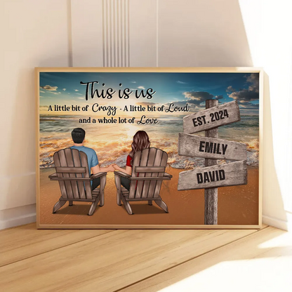 Romantic Beach Landscape Couple Sitting Holding Hands Sign Posts Personalized Poster, Home Decoration, Gift For Him, For Her