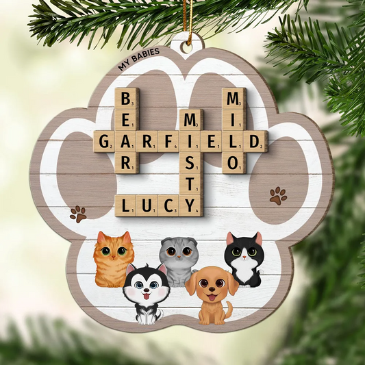 My Babies Dog Cat Crossword Puzzle Art Personalized Paw Shaped Wooden Ornament