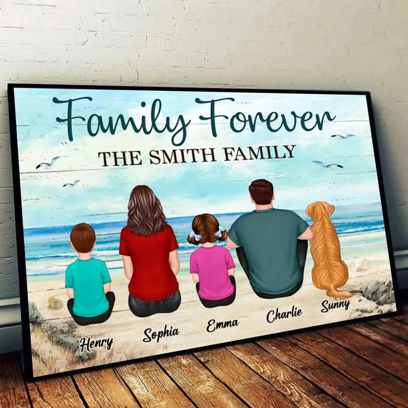 Back View Family Dad Mom Kids Dogs Cats Grandma Grandpa Beach Landscape Personalized Horizontal Poster