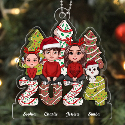 Family Crossed Legs Sitting Christmas Tree Cake Patterned Personalized Acrylic Ornament