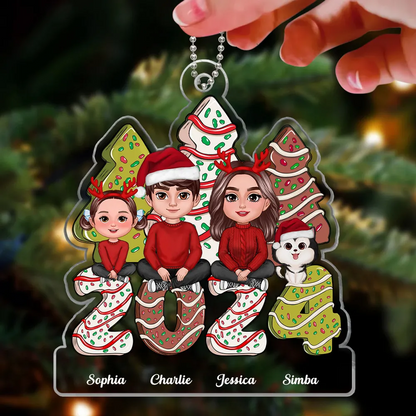 Family Crossed Legs Sitting Christmas Tree Cake Patterned Personalized Acrylic Ornament