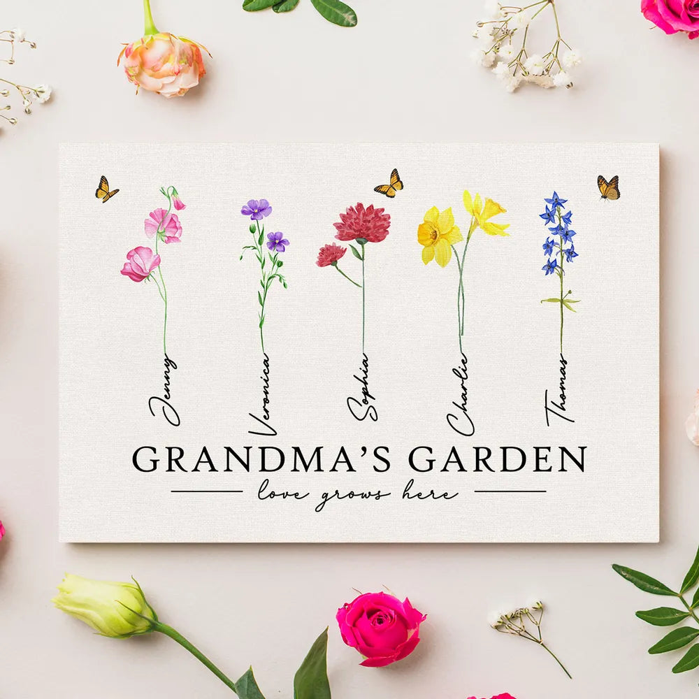 Grandma‘s Garden Love Grows Here Watercolor Birth Month Flower Gift For Grandma Mom Personalized Poster