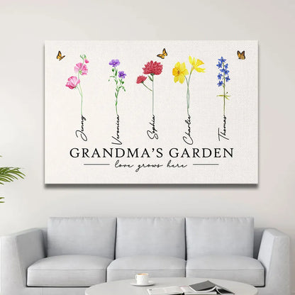 Grandma‘s Garden Love Grows Here Watercolor Birth Month Flower Gift For Grandma Mom Personalized Poster