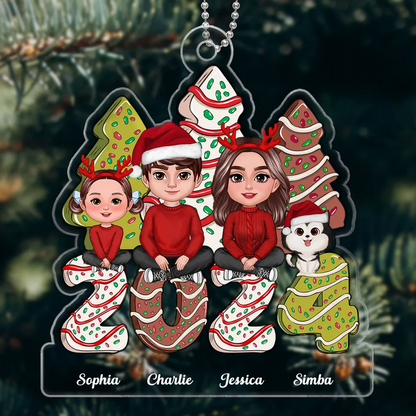 Family Crossed Legs Sitting Christmas Tree Cake Patterned Personalized Acrylic Ornament