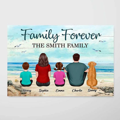 Back View Family Dad Mom Kids Dogs Cats Grandma Grandpa Beach Landscape Personalized Horizontal Poster