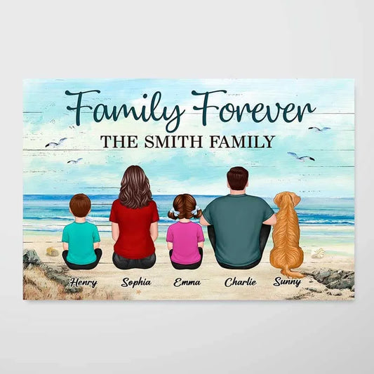 Back View Family Dad Mom Kids Dogs Cats Grandma Grandpa Beach Landscape Personalized Horizontal Poster