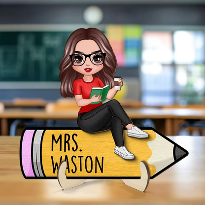 Doll Teacher Reading Books Personalized 2-Layer Wooden Plaque, Back To School Gift For Teacher, Teacher Appreciation Gift