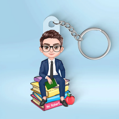 Doll Teacher Sitting On Books Personalized Acrylic Keychain