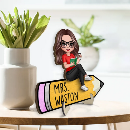 Doll Teacher Reading Books Personalized 2-Layer Wooden Plaque, Back To School Gift For Teacher, Teacher Appreciation Gift