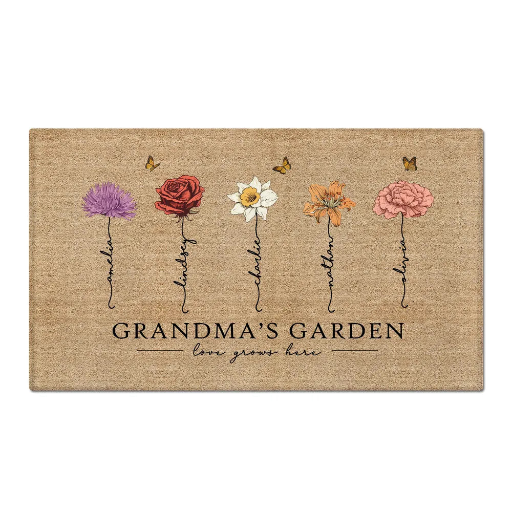 Grandma‘s Garden Love Grows Here Vintage Birth Flower Swirl Name Personalized Doormat, Gift For Her, Grandma, Mom