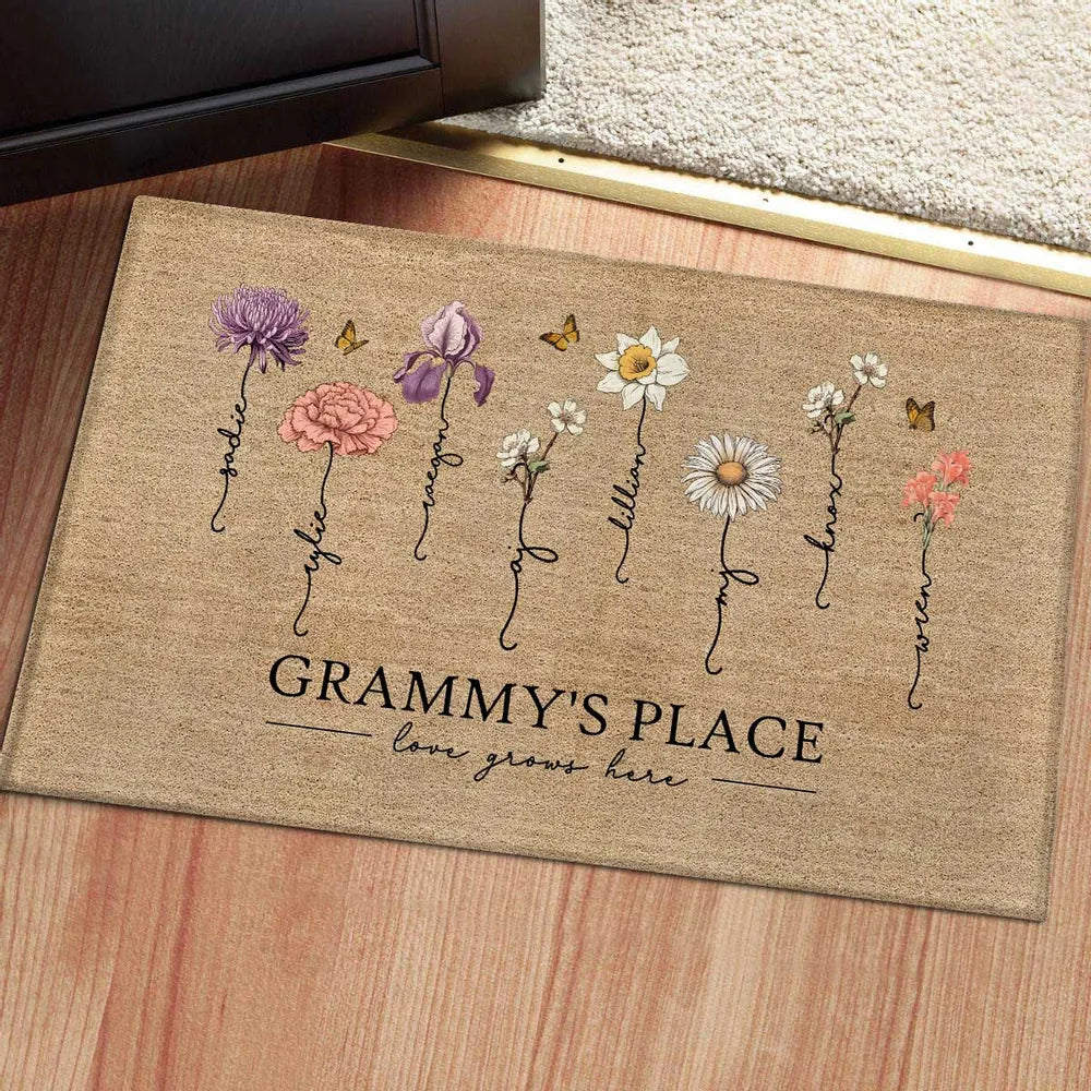 Grandma‘s Garden Love Grows Here Vintage Birth Flower Swirl Name Personalized Doormat, Gift For Her, Grandma, Mom