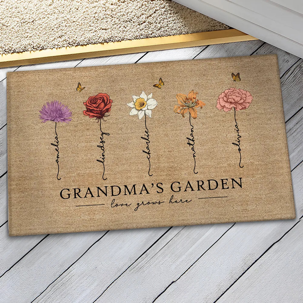 Grandma‘s Garden Love Grows Here Vintage Birth Flower Swirl Name Personalized Doormat, Gift For Her, Grandma, Mom