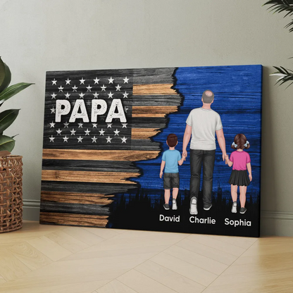 Dad Grandpa Papa Walking With Kids Half Nation Flag Personalized Horizontal Poster, Father‘s Day Gift For Dad, For Grandpa, For Husband