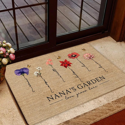 Grandma‘s Garden Love Grows Here Vintage Birth Flower Swirl Name Personalized Doormat, Gift For Her, Grandma, Mom