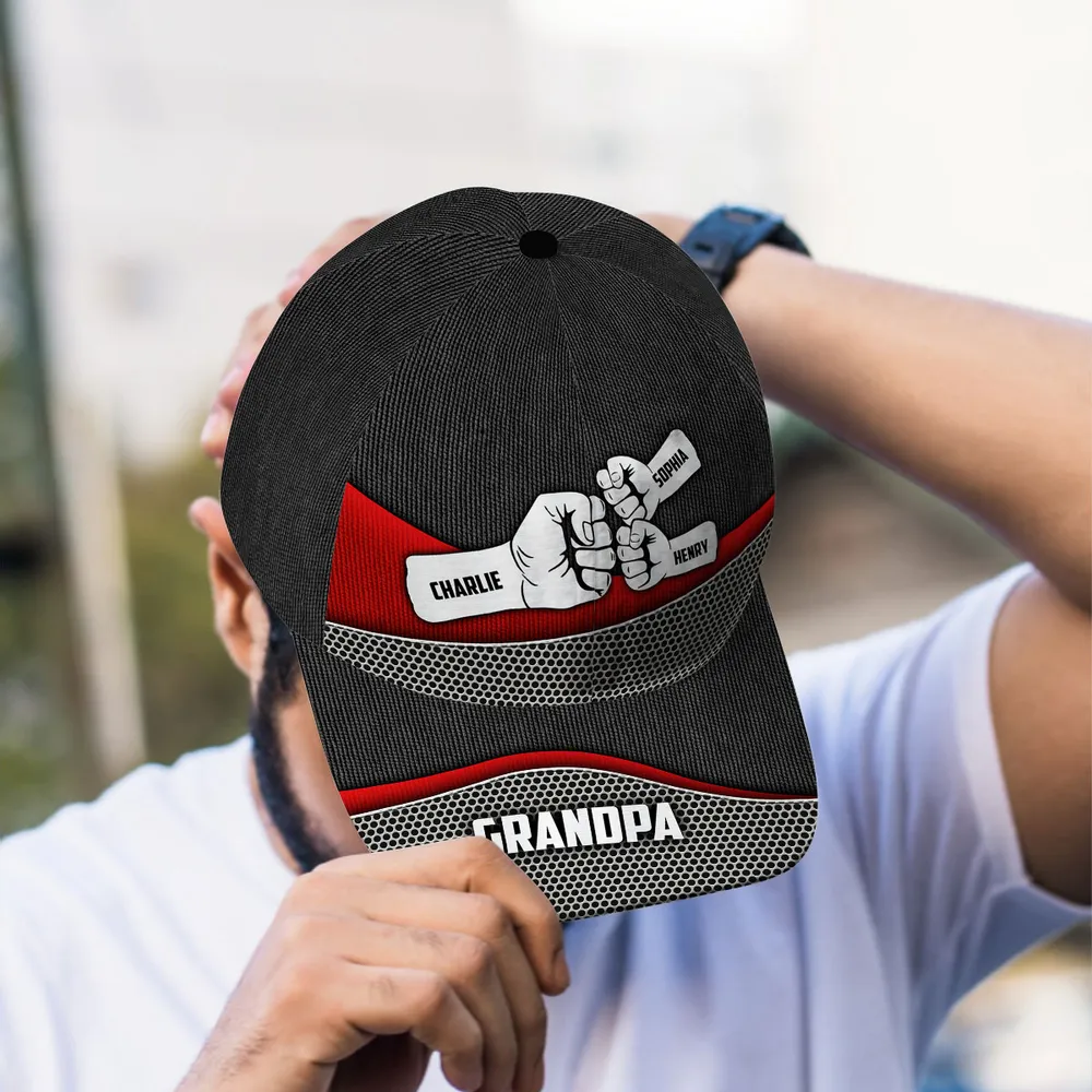 Grandpa Fist Bump Metal Printed Personalized Classic Cap, Father's Day Gift For Grandpa, Gift For Dad