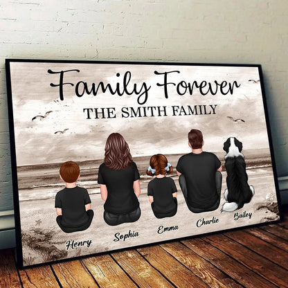 Family Sitting Retro Vintage Beach Landscape Poster, Gift For Husband, Wife, Dad, Mom