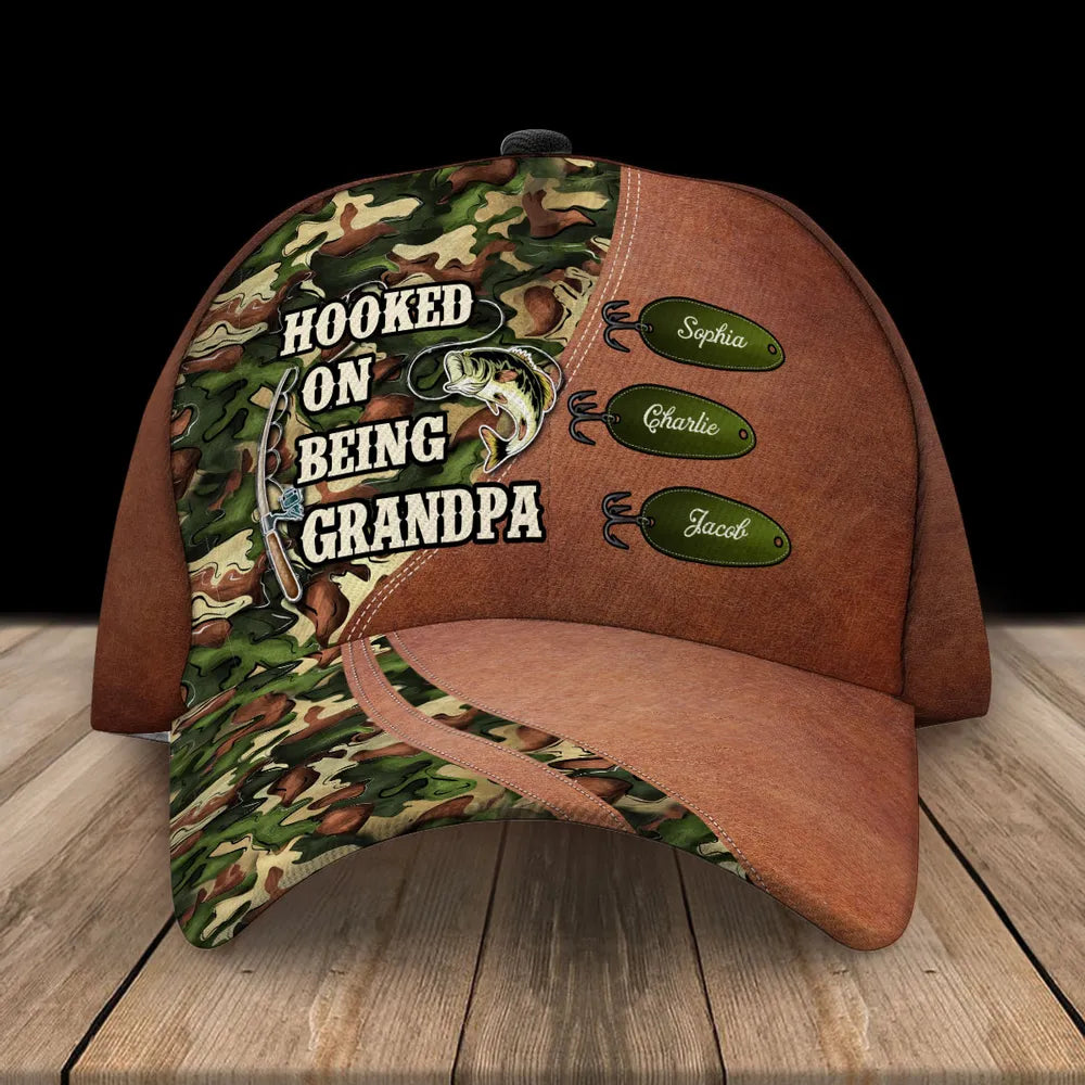 Hooked On Being Fishing Grandpa Papa Personalized Classic Cap, Father's Day Gift For Grandpa, Dad, Husband