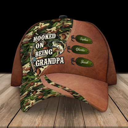 Hooked On Being Fishing Grandpa Papa Personalized Classic Cap, Father's Day Gift For Grandpa, Dad, Husband