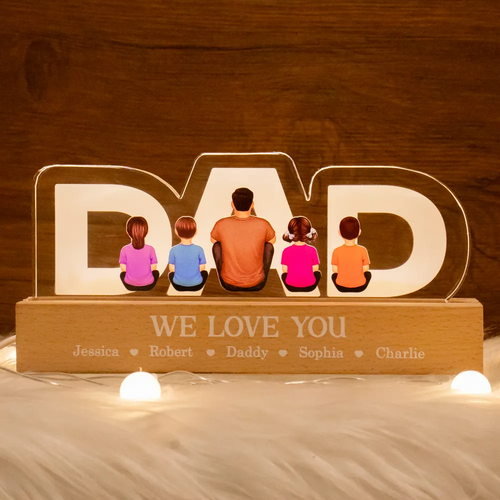 DAD Family Sitting Back View Personalized Acrylic LED Night Light, Father's Day Gift For Dad, Gift For Husband