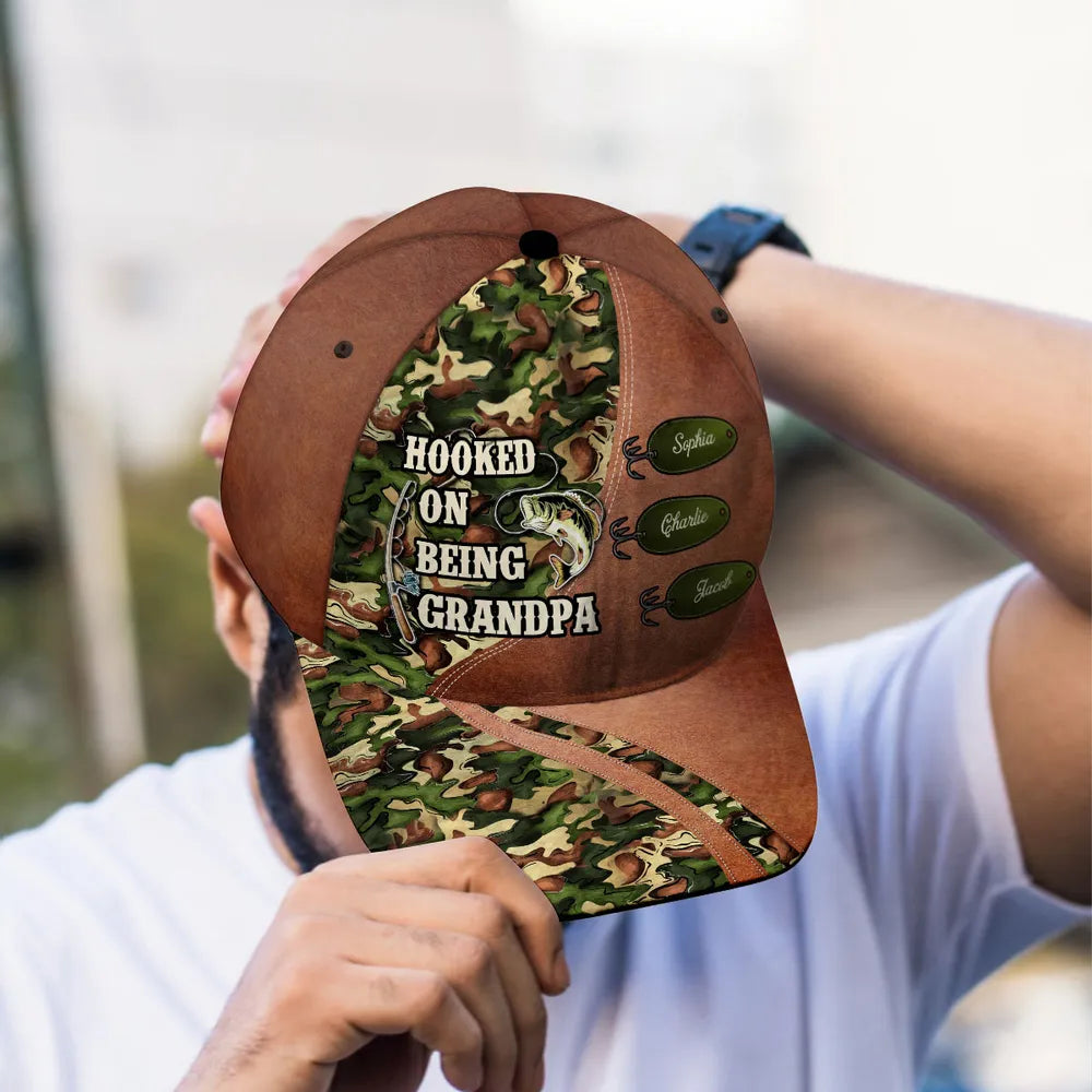 Hooked On Being Fishing Grandpa Papa Personalized Classic Cap, Father's Day Gift For Grandpa, Dad, Husband