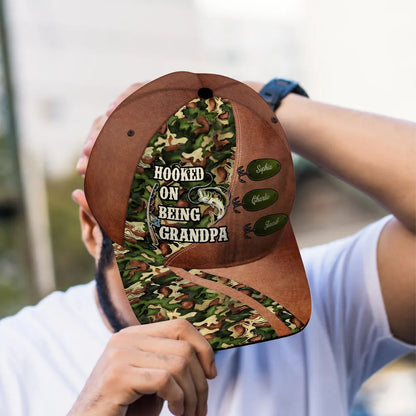 Hooked On Being Fishing Grandpa Papa Personalized Classic Cap, Father's Day Gift For Grandpa, Dad, Husband