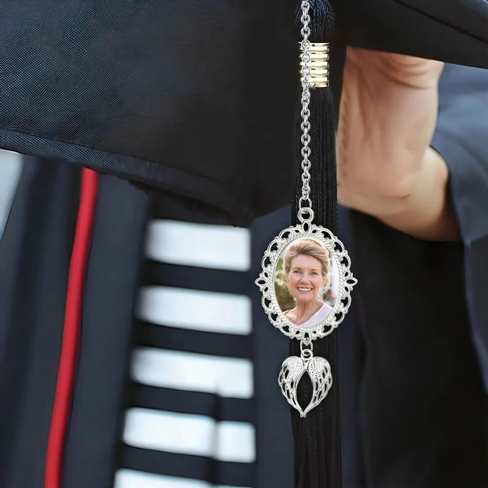 Personalized Graduation Tassel Photo Charm With Angel Wings, Graduation Gift