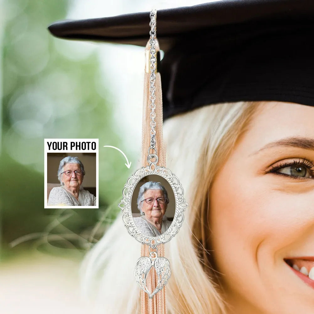 Personalized Graduation Tassel Photo Charm With Angel Wings, Graduation Gift