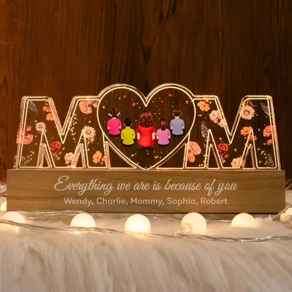 Mom Everything I Am Is Because Of You Personalized LED Night Light, Birth Month Flower, Gift for Mom, Gift for Wife, Gift for Grandma