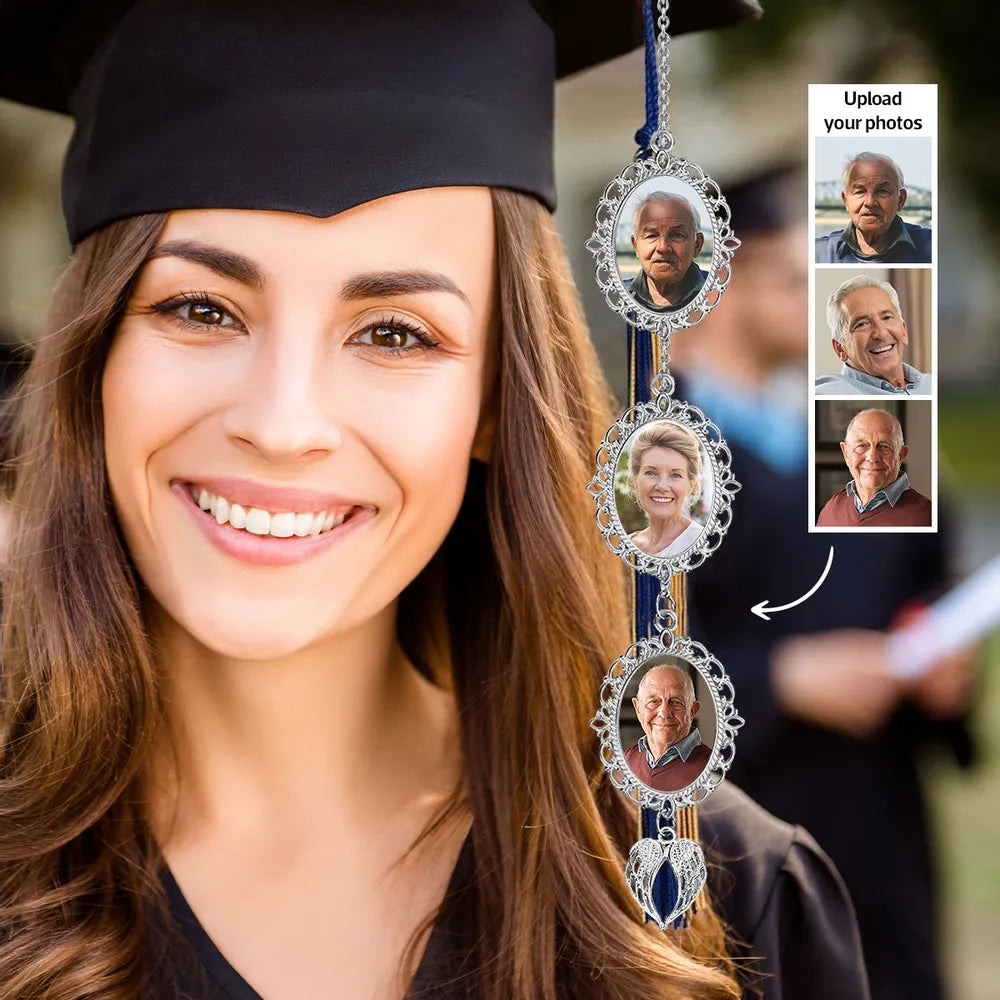 Personalized Graduation Tassel Photo Charm With Angel Wings, Graduation Gift