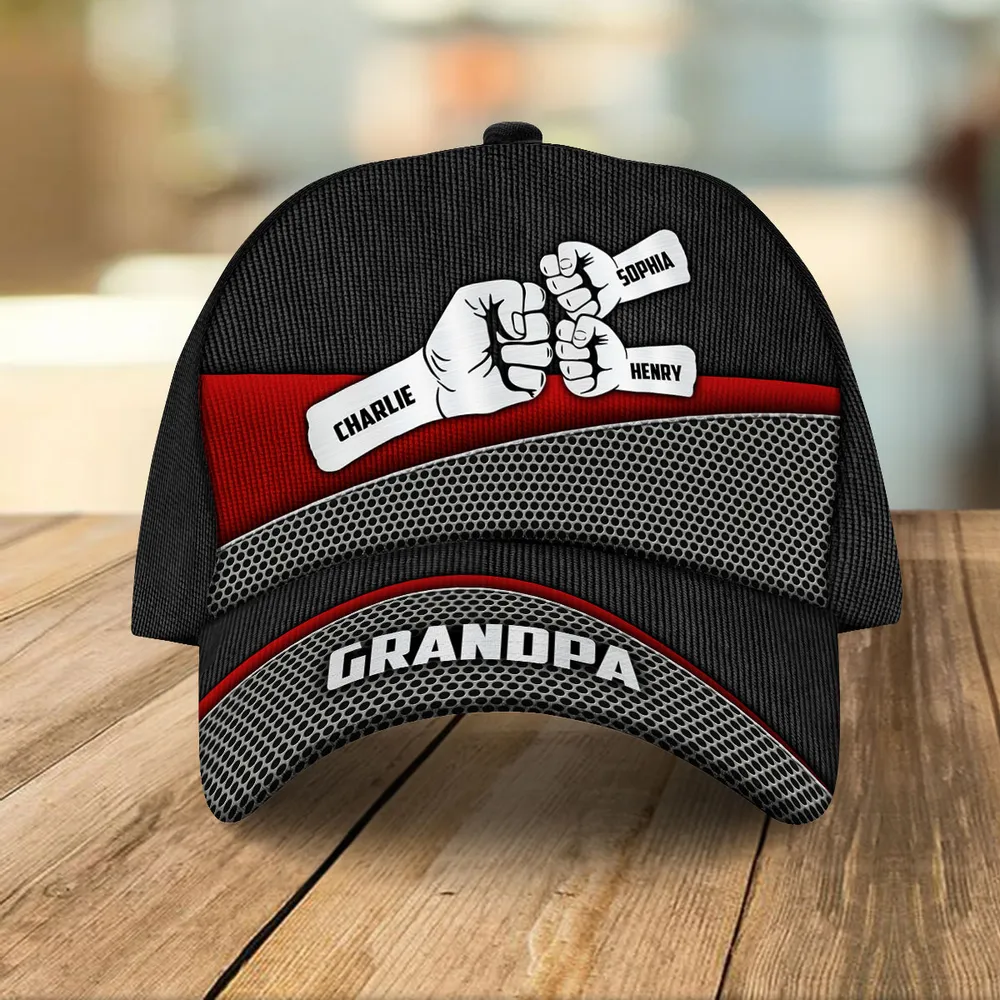 Grandpa Fist Bump Metal Printed Personalized Classic Cap, Father's Day Gift For Grandpa, Gift For Dad