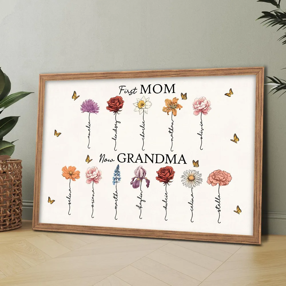 Vintage Birth Month Flowers First Mom Now Grandma Personalized Poster, Gift