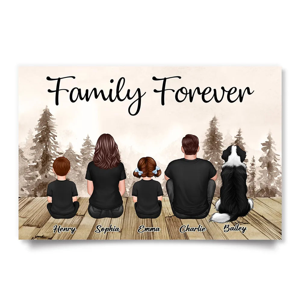 Retro Family Dad And Kids Back View Sitting Forest Personalized Poster