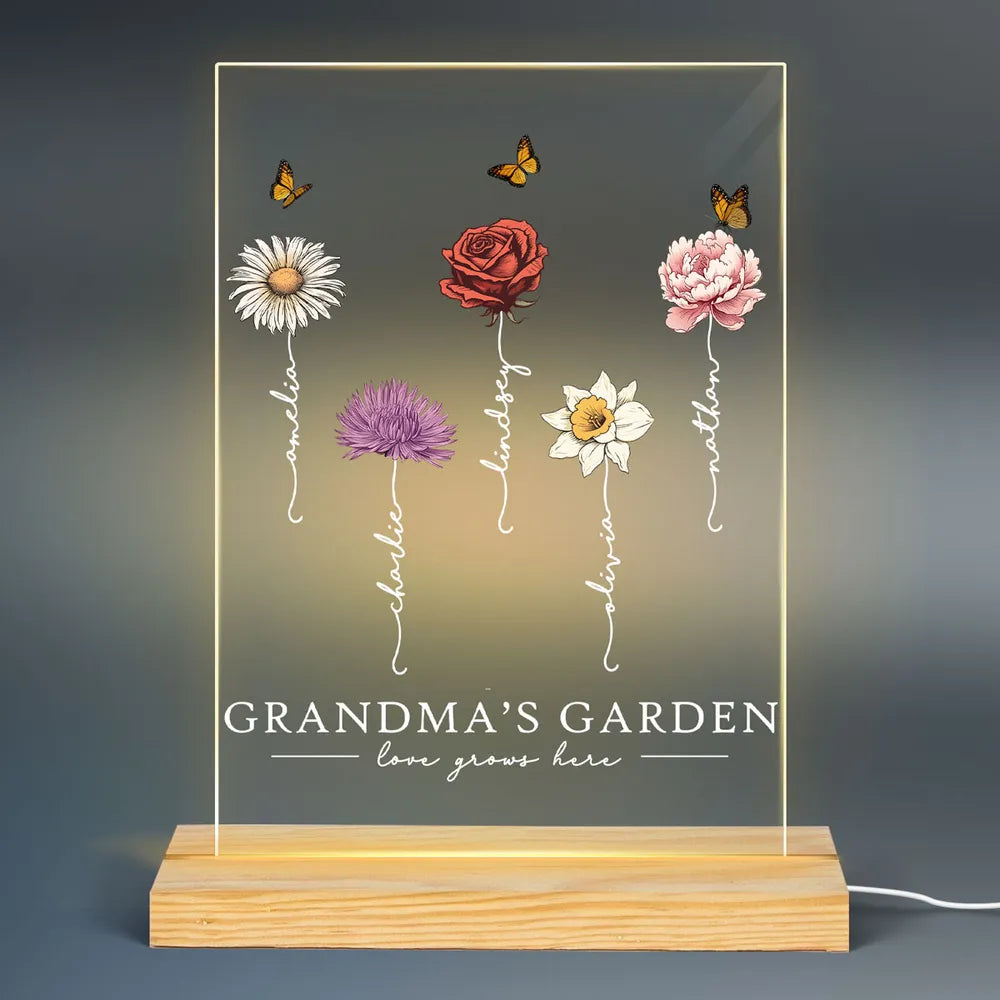 Grandma‘s Garden Love Grows Here Beautiful Birth Month Flower Gift For Grandma Mom Personalized Acrylic Plaque With LED Night Light