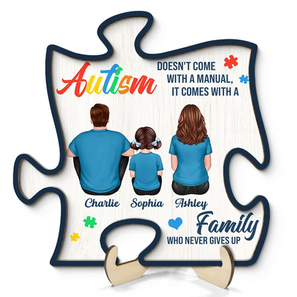 Autism Comes With A Family Never Give Up Family Back View Personalized Puzzle Shaped 2-Layer Wooden Plaque