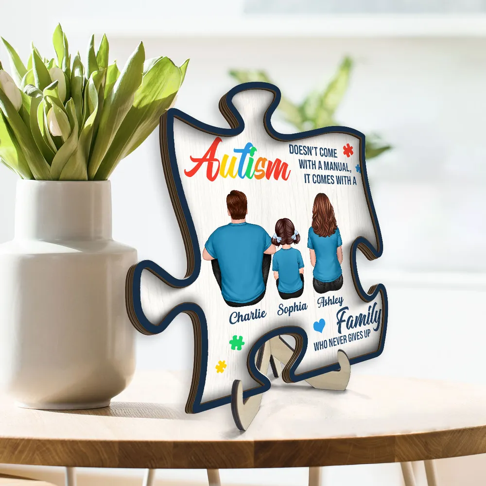 Autism Comes With A Family Never Give Up Family Back View Personalized Puzzle Shaped 2-Layer Wooden Plaque