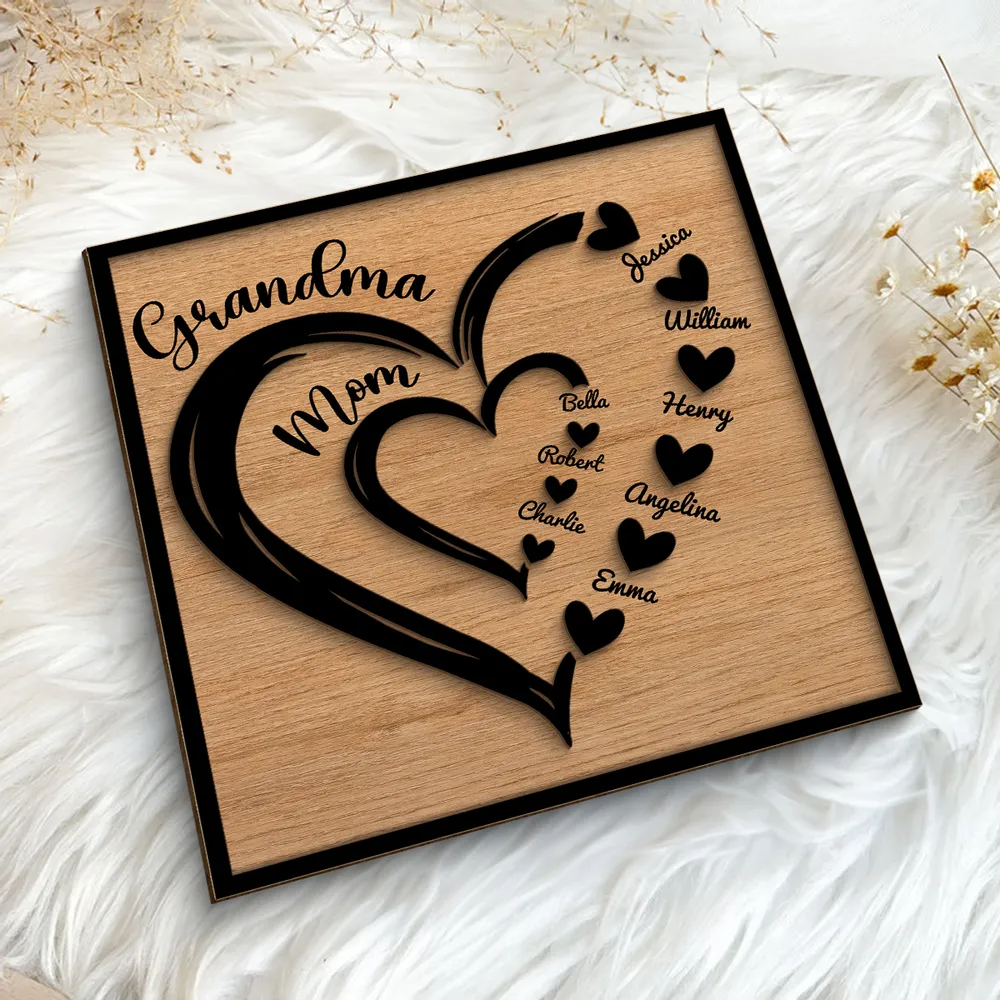 Grandma Mom Heart In Heart Personalized 2-layer Wooden Plaque, Mother's Day Gift For Mom