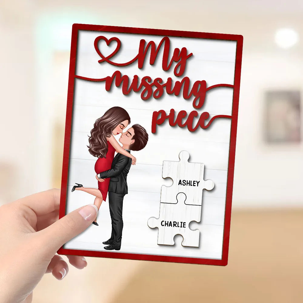 My Missing Piece Couple Hugging Kissing Red Valentine‘s Day Gift For Her Gift For Him Personalized 2-Layer Wooden Plaque